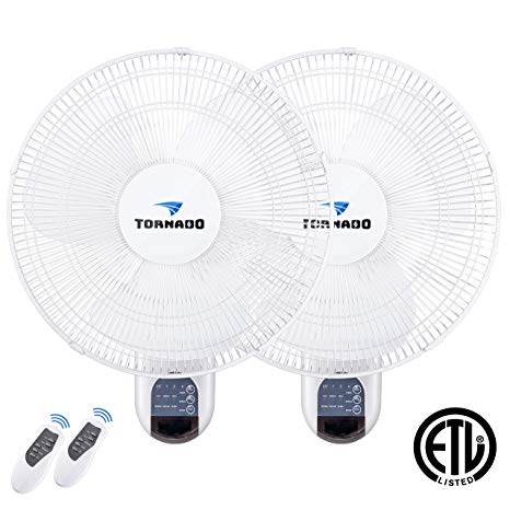2 Pack - Tornado 16 Inch Digital Wall Mount Fan - Remote Control Included - 3 Speed Settings - 3 Oscillating Settings - 65 Inches Power Cord - ETL Safety Listed