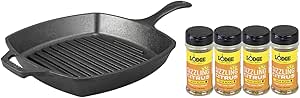 Bundle of Lodge 10.5 Inch Cast Iron Pre-Seasoned Square Grill Pan   Lodge Sear Blend 5.3 oz (4 Pack) – Sizzling Citrus