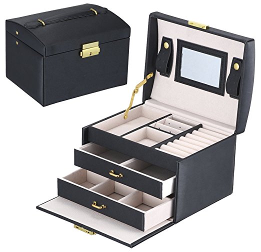 Goldwheat Jewelry Box with Lock and Mirror Lockable Travel Jewelry Organizer Gift for Women, Black
