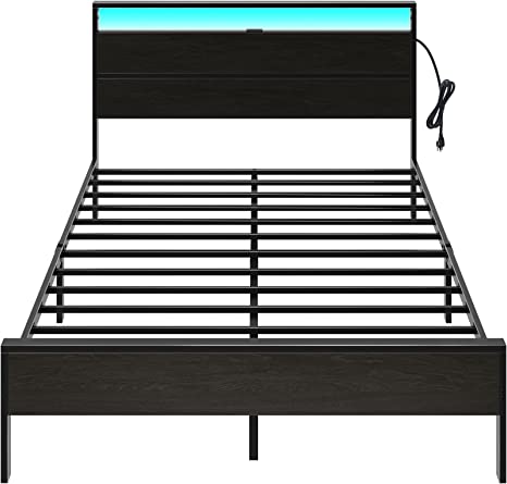 Rolanstar Full Bed Frame with Charger & LED Headboard, Platform Metal Bed Frame Wooden Headboard and Footboard, Strong Metal Slats Support, Under Bed Storage Clearance,No Box Spring Needed,Noise-Free