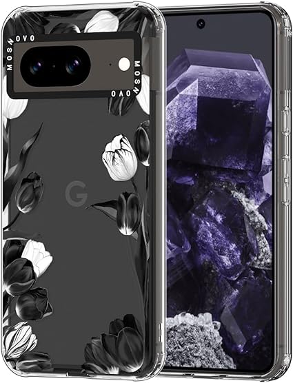 MOSNOVO Pixel 8 Case, Black White Tulips Floral Women Girls Clear Design Transparent Plastic Hard Back Case with TPU Bumper Protective Case Cover for Google Pixel 8