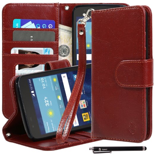 LG K7 Case, LG Tribute 5 Case, Style4U Premium PU Leather Stand Wallet Case with ID Credit Card / Cash Slots for LG K7 / LG Tribute 5 with 1 Stylus [Brown]