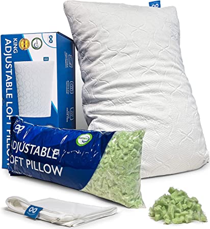 Everlasting Comfort Adjustable Pillow - Green Tea Shredded Memory Foam Pillow with Customizable Loft for Back, Stomach, Side Sleepers - Hypoallergenic Bamboo Cover and Cooling Pillowcase (King)