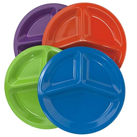 10-inch Round Plastic Divided Plates | set of 12 in 4 Assorted Colors