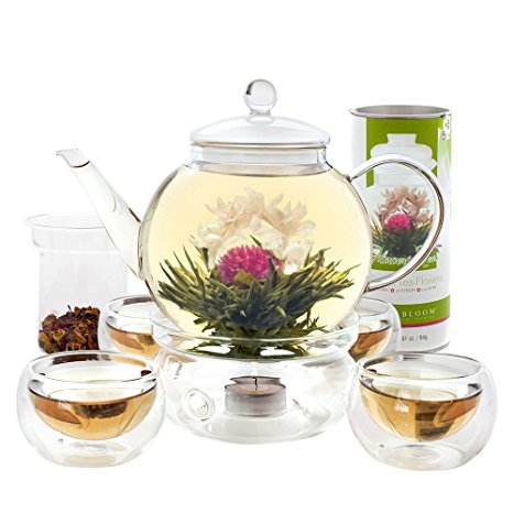Teabloom Blooming Tea Set: Glass Teapot, 12 Flowering Tea Sampler, Teapot Warmer, 4 Double-Wall Glasses & Loose Tea Infuser - Complete Flowering Tea Gift Set