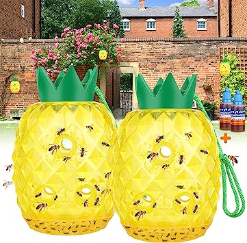 Wasp Trap Bee Traps Catcher, Wasp Traps Outdoor Hanging, Wasp Repellent Trap Deterrent Killer Insect Catcher, Non-Toxic Reusable Hornet Yellow Jacket Trap 2 Pack (Yellow, Pineapple Shape)