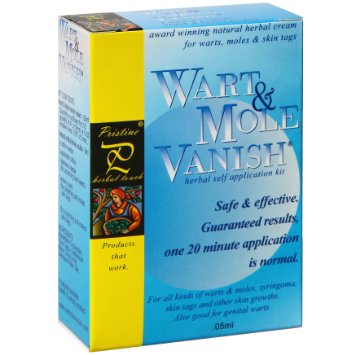 Wart Mole Vanish, Award Winning, All Natural, Guaranteed, Wart, Mole, Skin Tag Removal Product. ONE 20 minute application! Removes 2-5 Large growths or 5-25 Smaller ones. Pristine Herbal Touch, the only authorized seller