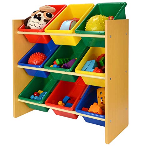 SortWise Kids Toy Storage Organizer with 9 Plastic Bins for Children Toddler Bedroom Playroom, Multi-Colors Natural/Primary