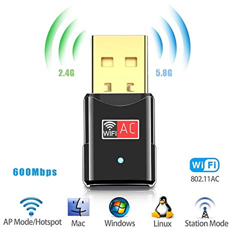 Mini USB Wifi Adapter 600Mbps - Dual Band 2.4G/5G Mini Wi-fi ac Wireless Network Card Dongle with High Gain Antenna For Desktop Laptop PC Support Windows XP Vista/7/8/8.1/10 (Mini Wifi 600MBPs)