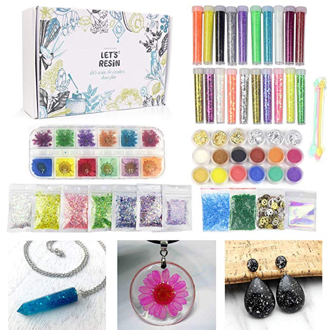 50 PACK Resin Jewelry Making Supplies Kit LET'S RESIN Art Craft Supplies for Resin, Slime, Nail Art, DIY craft, including Glitter,Powder,Mylar Flakes,Dry Flowers, Beads,Wheel Gears,Foil,Glass Stone