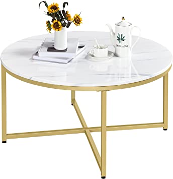 YAHEETECH Modern Coffee Table, Faux Marble Accent Round Table w/X-Base & Protective Foot Pads & Sturdy Metal Legs for The Living Room, Office, Apartment, Hotel & Small Space, 35.5 x 35.5 x 18 in