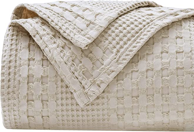 PHF 100% Cotton Waffle Weave Throw Blanket - Summer Blanket Luxury Soft Breathable Skin-Friendly Blanket for All Season - Perfect Textured Blanket for Couch Bed Sofa 50"x60"-Light Khaki/Linen