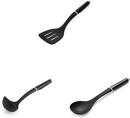 KitchenAid Classic Slotted Turner, One Size, Black 2, 13.66-Inch & KitchenAid Classic Soup Ladle, One Size, Black 2 & KitchenAid Classic Basting Spoon, One Size, Black