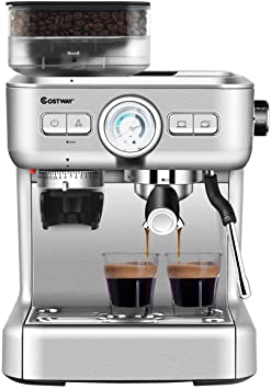 COSTWAY Semi-Automatic Espresso Machine, 20 Bar Pump, Built-In Milk Frother and Steamer, 10s Preheating, PID Temperature Control, 2L Removable water tank, Drip Tray, Grinder with 30 Settings, Stainless Steel Pressure Coffee Brewer, Countertop Cappuccino Maker for Home, Office