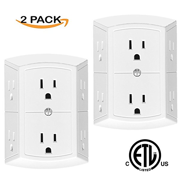 Oviitech 6-Outlet Grounded Three Sided Wall Tap, Adapter Spaced Outlets,ETL listed/White (2 Pack)