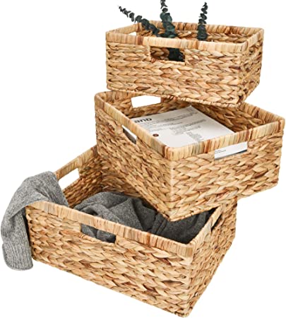 StorageWorks Hand-Woven Rectangular Wicker Baskets Set, Water Hyacinth Storage Baskets with Built-in Handles, Set of 3 (Jumbo & Large & Medium)