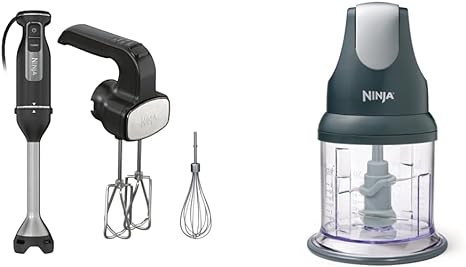 Ninja CI100C Foodi Power Mixer System Immersion Blender and Hand Mixer Combo, Black & NJ100C, Express Chop For Chopping, Mincing, and Pureeing, Black, 200W (Canadian Version) 16oz