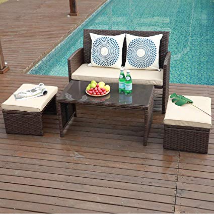 OC Orange-Casual 4 Piece Patio Wicker Furniture Set with Coffee Table and Ottomans, Beige Cushions & Brown Rattan, for Garden, Lawn, Backyard