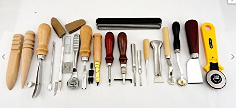 20 Tools Leather craft Hand Sewing Tool Set-Leathercraft Kit-Edge Stitching Groover,Edge Beveler,Edge Edger Beveler Skiving Tool,Edge Creaser,Hole Punch,Edge Grinding Polishi Tool,Skiving Tool,Skiving Knife,Awl,Carving knife,leather knife,Rotary Cutter,Overstitch wheel,Pro Stitching Grooving & Edge Beveler Tool,Wood Edge Slicker ,Glue Tools,Finger Protector