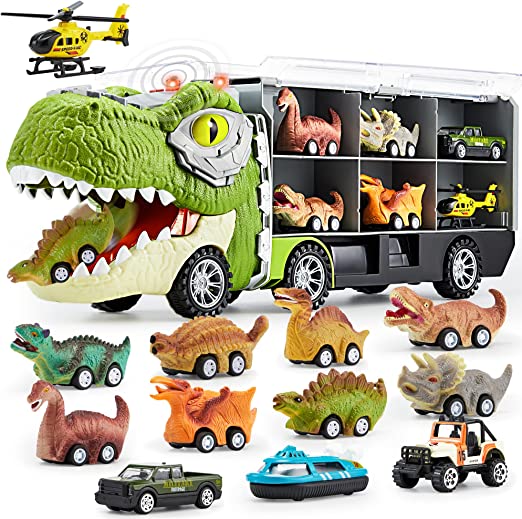 JOYIN 13 in 1 Dinosaur Truck for Kids, with 12 Pull Back Dinosaur Car Vehicles, 1 Toy Dinosaur Transport Carrier Truck with Music and Roaring Sound, Flashing Lights, Mini Dino Car Playset, Helicopter