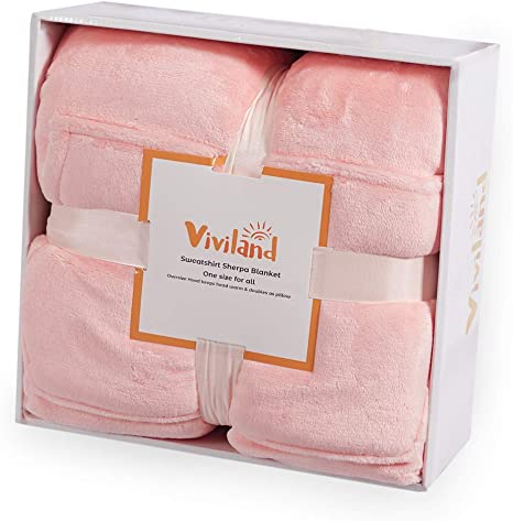 Viviland Hoodie Sherpa Blanket Sweatshirt Soft Warm Plus Large Front Pocket Tv Blankets for Adult,Gift Box (Pink)