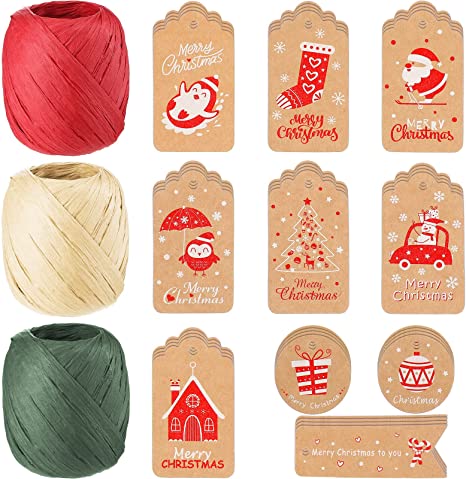 3 Rolls Raffia Ribbon Red Green Christmas Natural Raffia Wrapping Paper Ribbon Total 195 Feet with 50 Pieces Kraft Paper Tags for Christmas Craft DIY Wrapping