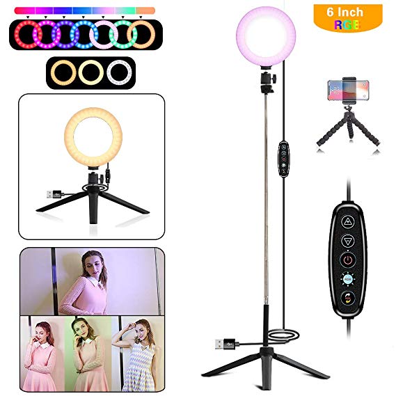 EEIEER Ring Lights, 6'' RGB Ring Light with Adjustable Tripod Stand, Mini LED Dimmable Selfie Ring Light with Cell Phone Holder Desktop LED Lamp with USB for Makeup, YouTube, Video (RGB, 6 INCH)