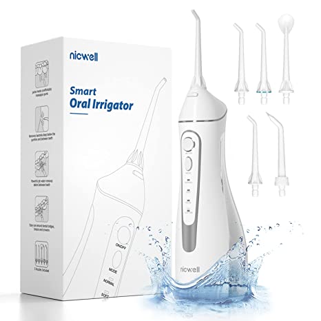 Water Dental Flosser Cordless for Teeth - Nicwell 4 Modes Dental Oral Irrigator, Portable and Rechargeable IPX7 Waterproof Powerful Battery Life Water Teeth Cleaner Picks for Home Travel (Gray)