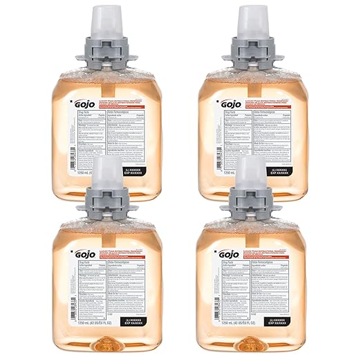 Gojo Luxury Foam Antibacterial Handwash, Fresh Fruit Fragrance, 1250 mL Foam Hand Soap Refill FMX-12 Push-Style Dispenser (Pack of 4) – 5162-04