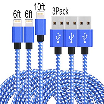 E-POWIND [6 6 10]ft Lightning Cable with Ultra-compact Connector Charging Cable Cord For iPhone7/7plus/6/6plus/6s/6splus,iPhone 5/SE, iPad, iPod on Latest IOS10.(BLUE WHITE)