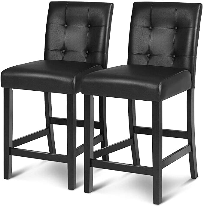 COSTWAY Set of 2 Bar Stools, Upholstered Barstool with Back, Button-Tufted Dining Chairs, PVC Leather Counter Height Chairs, Pub Bistro Kitchen Dining Side Chair Barstools with Solid Wood Legs, Black