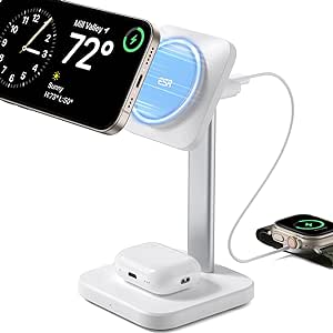 ESR Station de Charge sans Fil 2 en 1, [Certifié] Chargeur Apple Watch et Support de Chargeur MagSafe pour iPhone, pour Plusieurs Appareils, iPhone 15/14/13/12, Montre et AirPods, Blanc