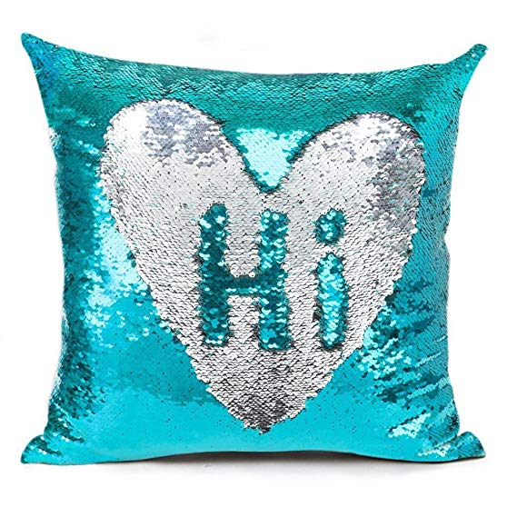 MOCOFO Glitter Pillow, Reversible Sequins Pillow Cover Magic Mermaid Fish Pillowcase Parkly Fun Flip Shines Throw Pillow Cover Teal Silver Couch Cute Color Changing Cushion Covers for Sofa16X16