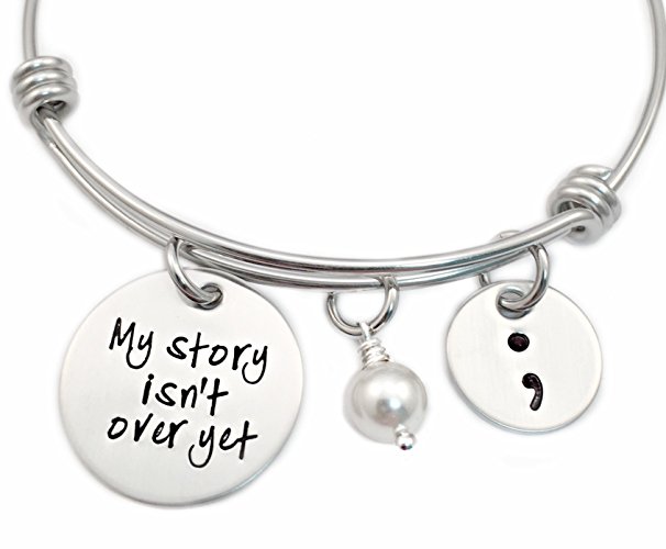 My Story Isn't Over Yet - Semicolon Bangle Bracelet - Hand Stamped Jewelry