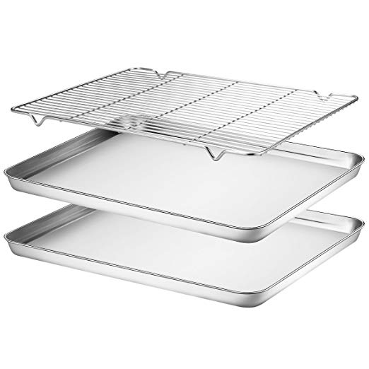 Baking Sheets Set of 3, HKJ Chef Baking Pans 3 Pieces & Stainless Steel Cookie Sheets & Toaster Oven Tray Pans, Non Toxic & Healthy, Mirror & Easy Clean (2x16inch with rack)