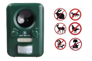 Pest BeaterTM Ultrasonic Solar Pest Repellent. Best Outdoor Electronic Repeller & Control for Birds Geese Pigeons Dogs Squirrels Cats Deers. Battery Powered deterrent for Yards, Lawns & Gardens.