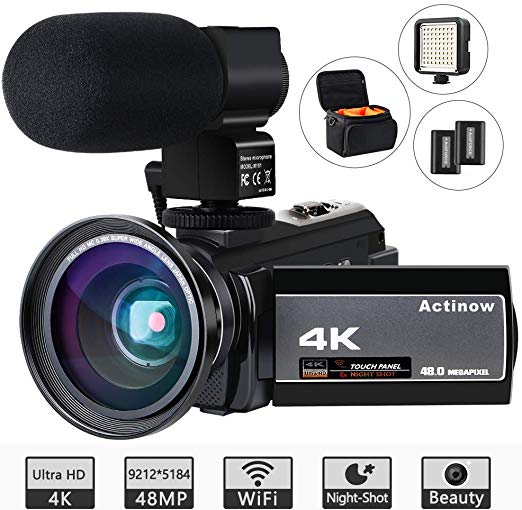 Video Camera 4K Camcorder Ultra HD 48MP WiFi IR Night Vision Vlogging Camera 3" IPS Touch Screen 16X Digital Zoom Recorder Digital Camera with Microphone,Wide Angle Lens,LED Video Light,Camera Bag
