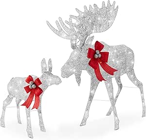 Best Choice Products 5ft 2-Piece Moose Family, Lighted Outdoor Christmas Yard Decoration, Light-Up Décor Set w/ 370 LED Lights, Zip Ties - Silver