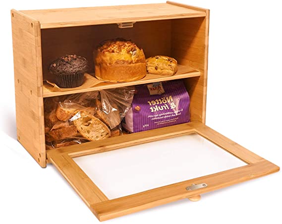 Goodpick 2-Layer Bread Box 15" x 11" x 6" - Bamboo Bread Boxes Bread Storage Bin on Countertop Shelf - Bread Box for Kitchen Counter with Transparent Window, Bread Storage Container Storage for Egg