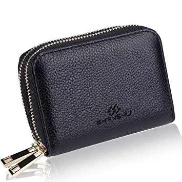SHANSHUI RFID Blocking Primely Genuine Leather Wallet, Credit Card Safe Travel Pocket/Holder/Case Protector with 2 Metal Zipper 12 Card Slots(Black)