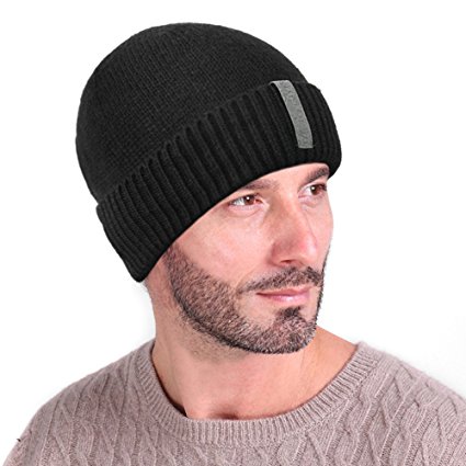 Men Soft Stretch Cable Knit Lined Thick Warm Winter Wool Slouchy Beanies Hat