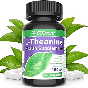 EcoEarth L-Theanine Dietary Supplement 250 mg 120 Vegan Capsules, Caffeine-Free Theanine Formula, Nootropic Health Supplement