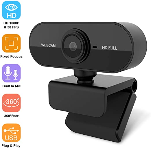 Webcam with Microphone, 1080P Full HD Webcam Laptop or Desktop, USB Computer Camera for Free-Driver Installation (Black)