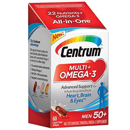 Centrum Multi   Omega-3 (60 Count, 2 Month Supply) Adult Multivitamin and Omega-3 Supplement for Men Over 50, Multivitamin Support for your Heart, Vitamins B6, B12 and Folate