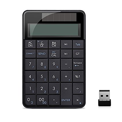 BonyTek 2 in 1 Wireless Numeric Keypad Financial Accounting Calculator with 29 Keys Numpad, USB Number Pad and Solar Power for Laptop Desktop PC Windows XP - Black