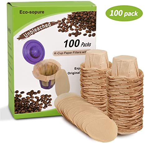 Eco-Sopure Unbleached K cup Coffee Paper Filters with Lid Disposable for Keurig Reusable K Cup Filters, Disposable Keurig Filters Unbleached, Fits All Keurig Single Serve Filter Brands (100 pack)