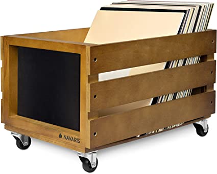 Navaris Wood Record Crate with Wheels - Vinyl Album Storage Holder Box Wooden Case with Chalkboard Sign Board - Holds up to 80 LP Records - Dark Brown