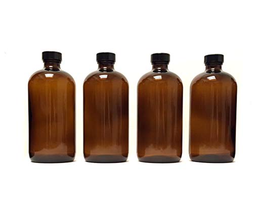8oz Amber Glass Boston Round Bottles (4 Pack); w/Poly Cone Caps Perfect for Essential Oil Blends