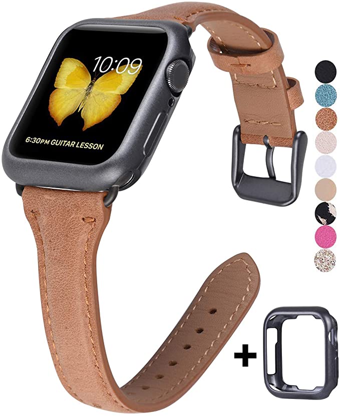 JSGJMY Genuine Leather Band Compatible with Apple Watch 38mm 40mm 42mm 44mm Women Slim Thin Strap for iWatch Series 5/4/3/2/1 (Brown with Space Grey Clasp, 38mm/40mm S/M)