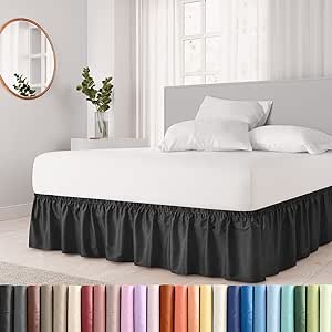 Wrap Around Dust Ruffle Bed Skirt - Black - for Queen Size Beds with 18 in. Drop - Easy Fit Elastic Strap - Pleated Bedskirt with Brushed Fabric - Wrinkle Free, Machine Wash - by CGK Linens